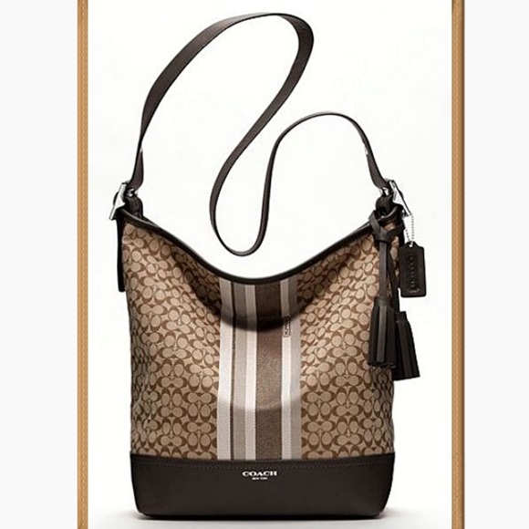 Coach Handbags - COACH Legacy Signature Stripe Duffle 19918 Hobo Shoulder Bag in Khaki/Mahogany